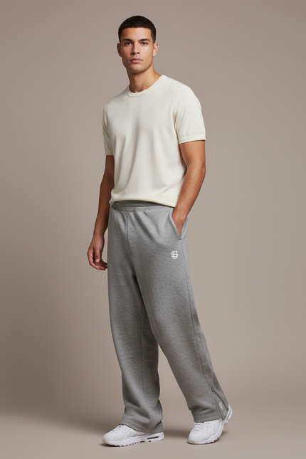 Pantalon Baggy Gris Ample Coton Brodé Décontracté - Molleton