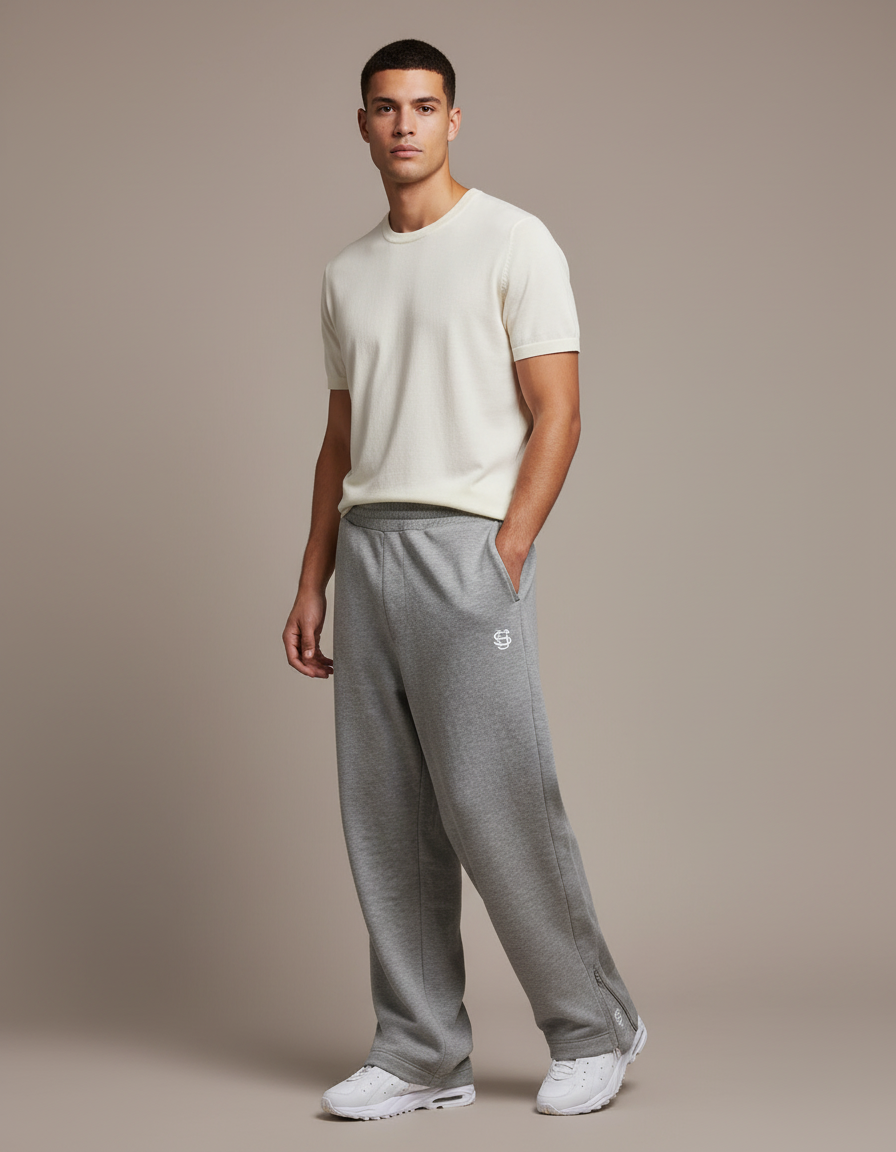 Pantalon Baggy Gris Ample Coton Brodé Décontracté - Molleton