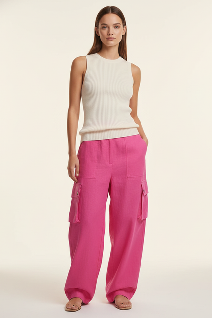Pantalon Baggy Rose Cargo Ample Lin Femme