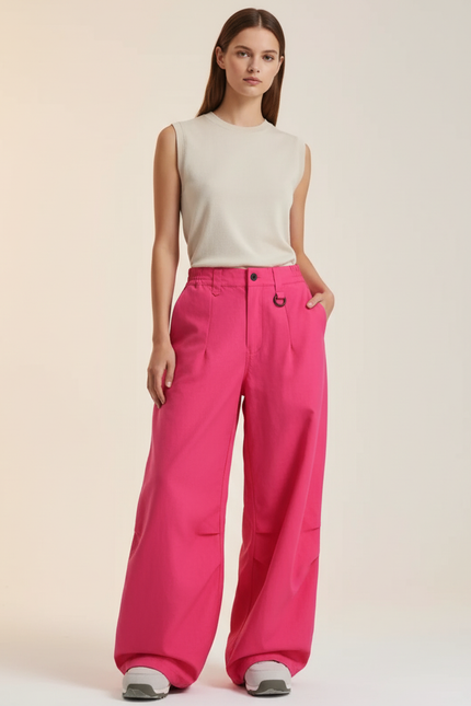 Pantalon Baggy Fuchsia Ample Fluide Décontracté Femme - Rose Gabardine
