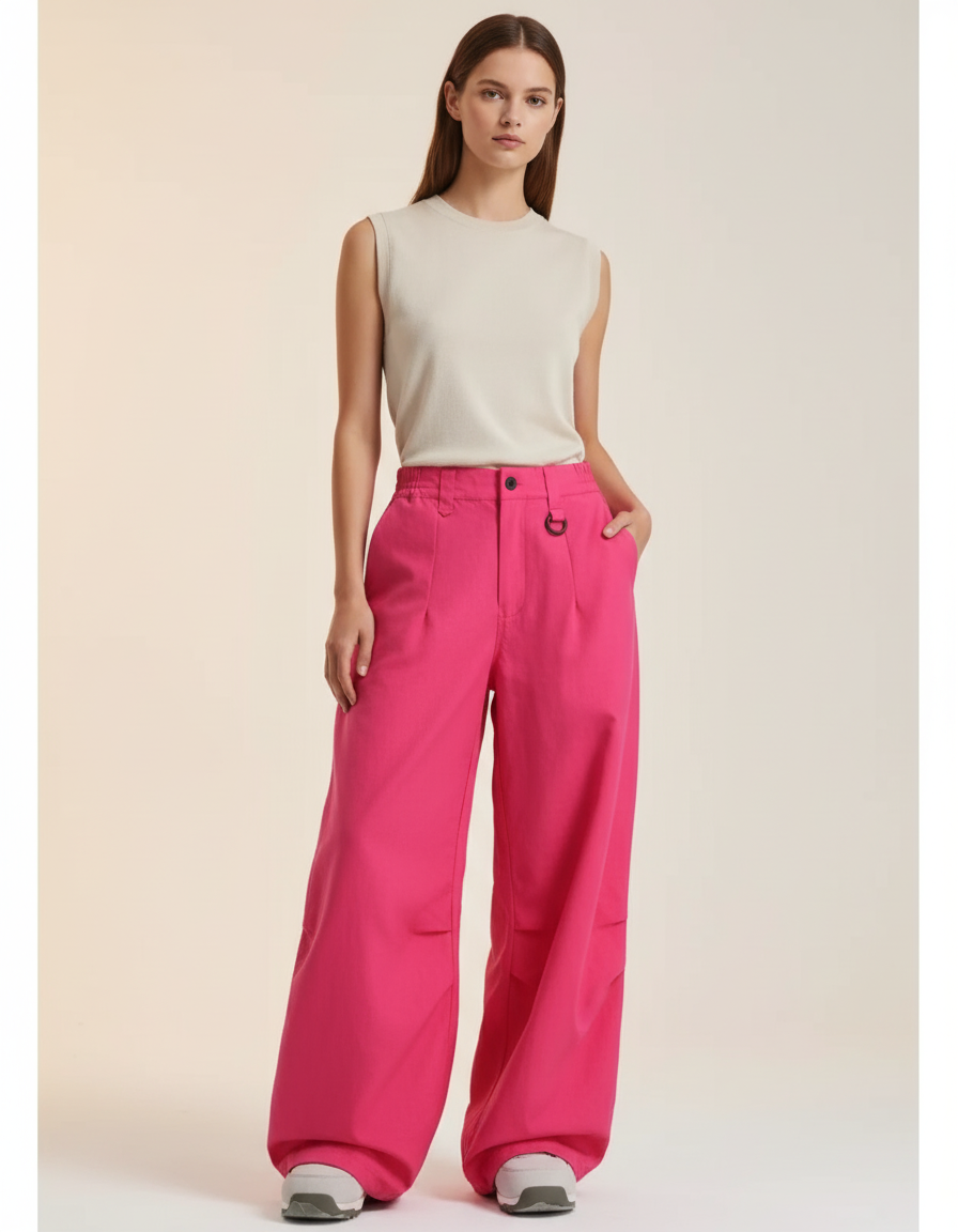 Pantalon Baggy Fuchsia Ample Fluide Décontracté Femme - Rose Gabardine