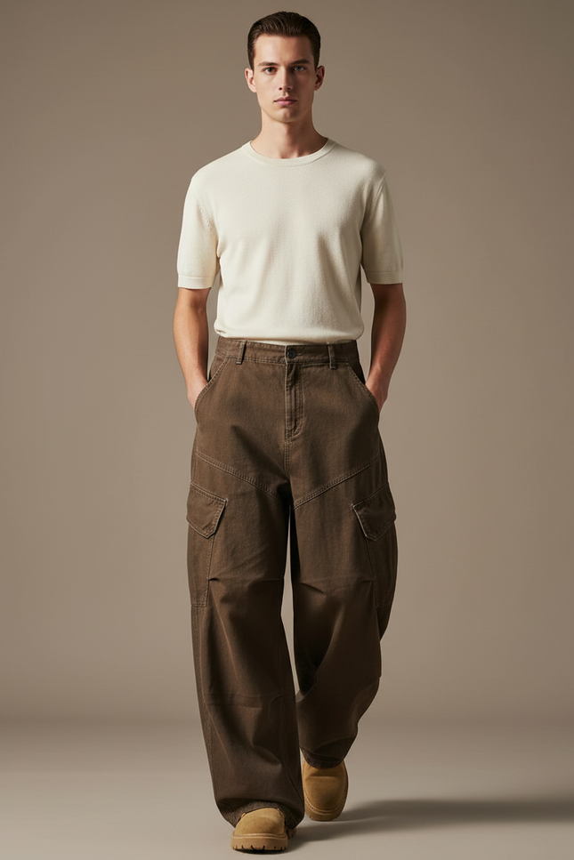 Pantalon Baggy Marron Cargo Ample Décontracté Homme - Toile
