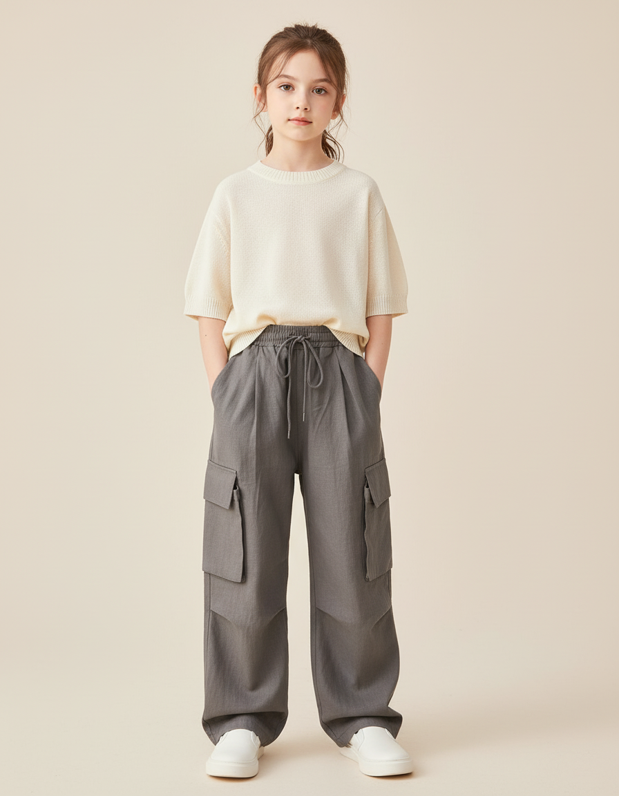 Pantalon Baggy Gris Cargo Ample Décontracté Enfant - Toile