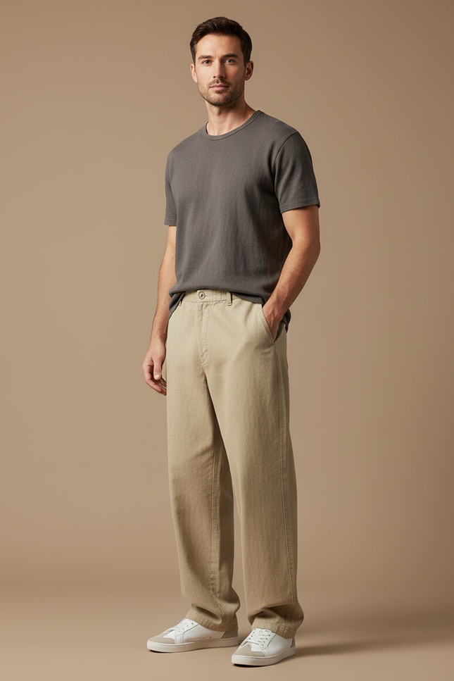 Pantalon Baggy Beige Coton Ample Décontracté Homme