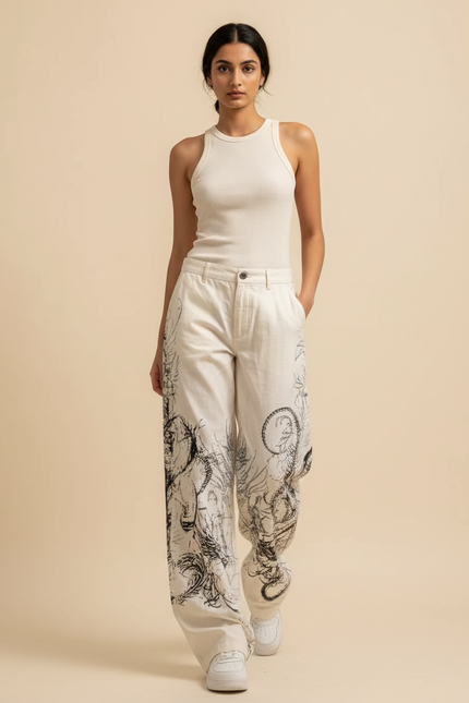 Pantalon Baggy Blanc Imprimé Dragon Ample Streetwear - Toile