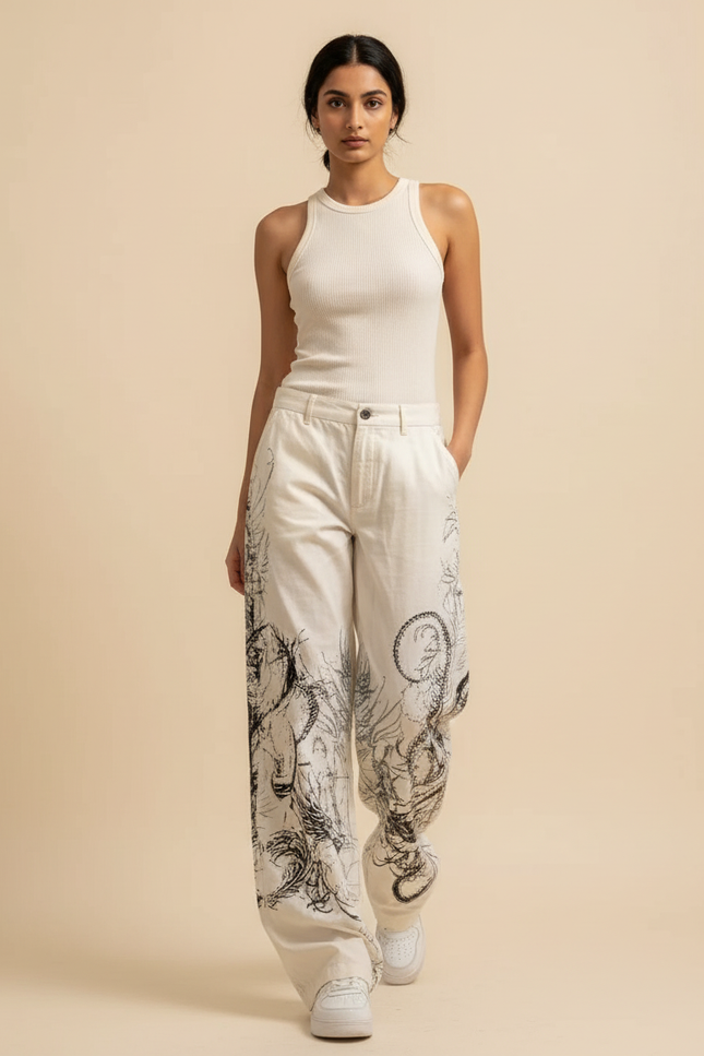 Pantalon Baggy Blanc Imprimé Dragon Ample Streetwear - Toile