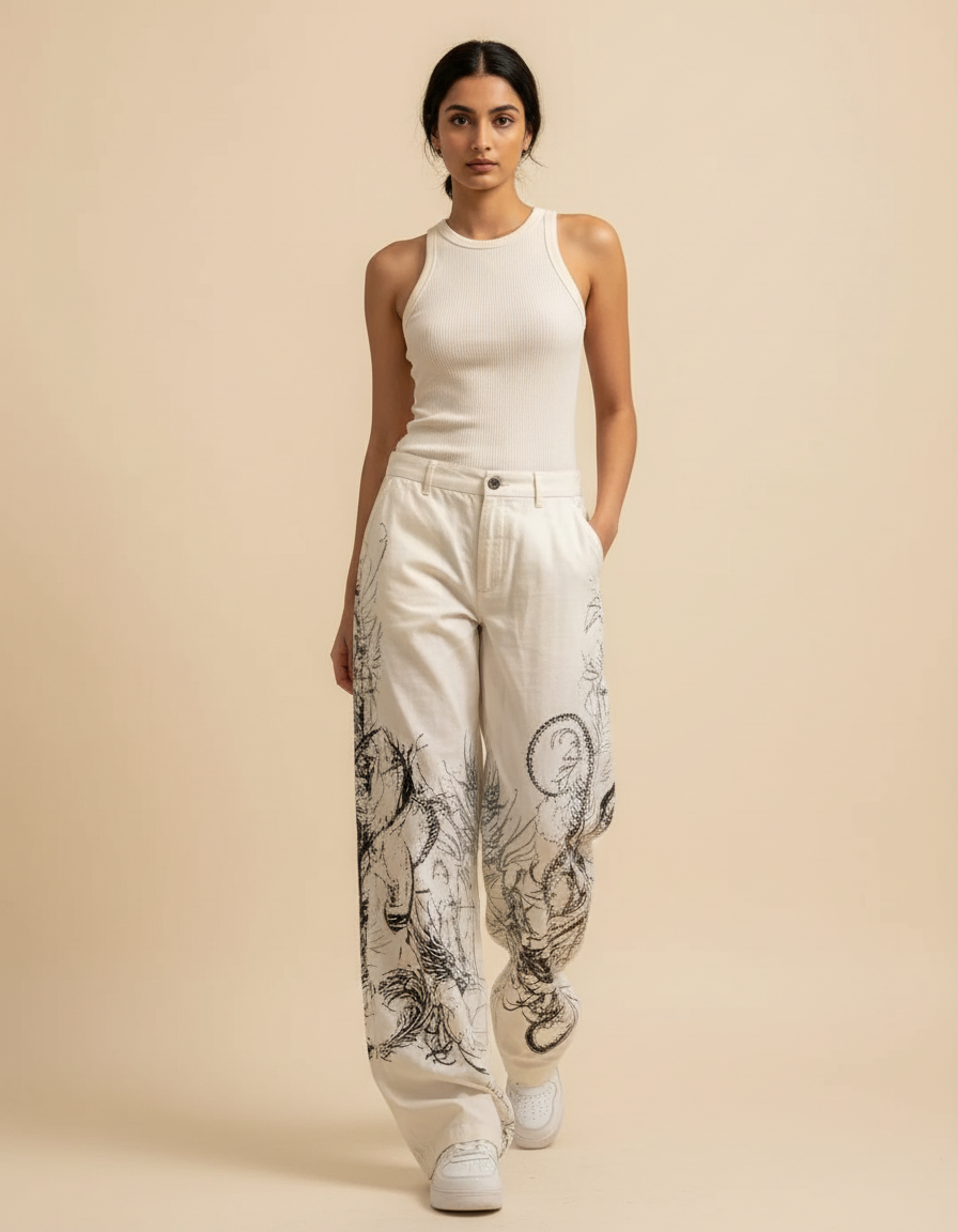 Pantalon Baggy Blanc Imprimé Dragon Ample Streetwear - Toile