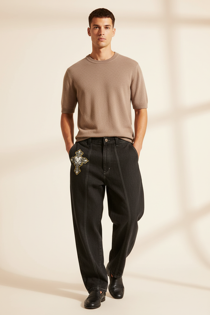Pantalon Baggy Noir Denim Brodé Croix Ample Homme - Jean