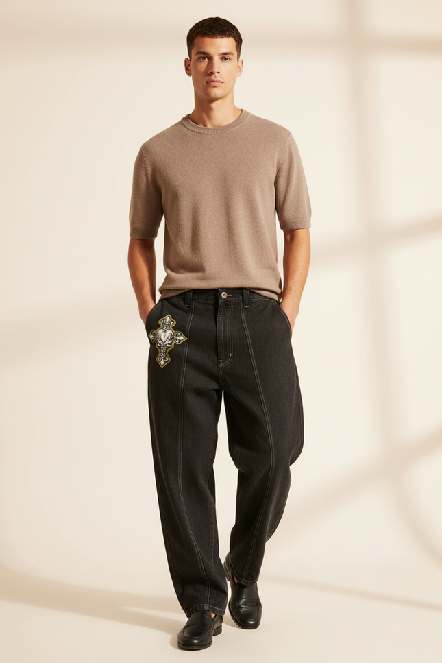 Pantalon Baggy Noir Denim Brodé Croix Ample Homme - Jean