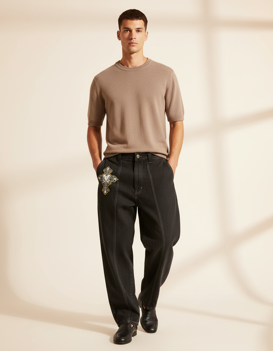 Pantalon Baggy Noir Denim Brodé Croix Ample Homme - Jean
