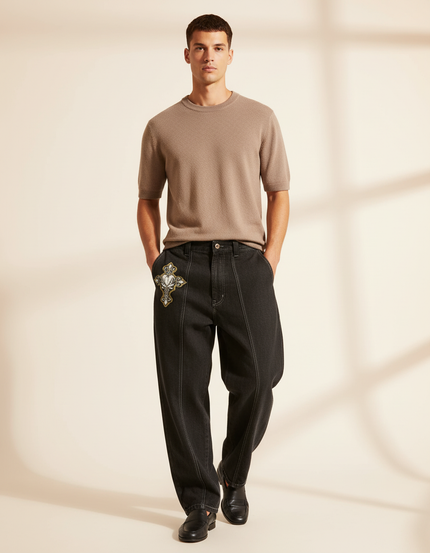 Pantalon Baggy Noir Denim Brodé Croix Ample Homme - Jean