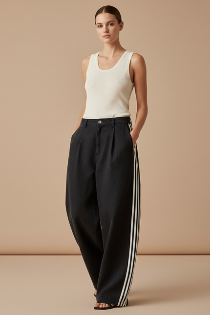 Pantalon Baggy Noir Ample Rayures Blanches Streetwear - Jean