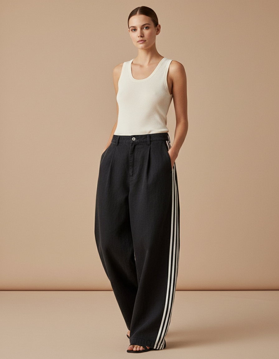 Pantalon Baggy Noir Ample Rayures Blanches Streetwear - Jean