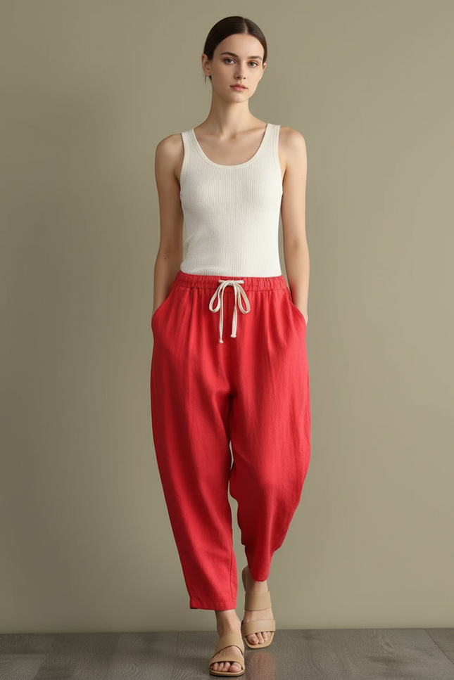 Pantalon Baggy Rouge Lin Ample Décontracté Cordon