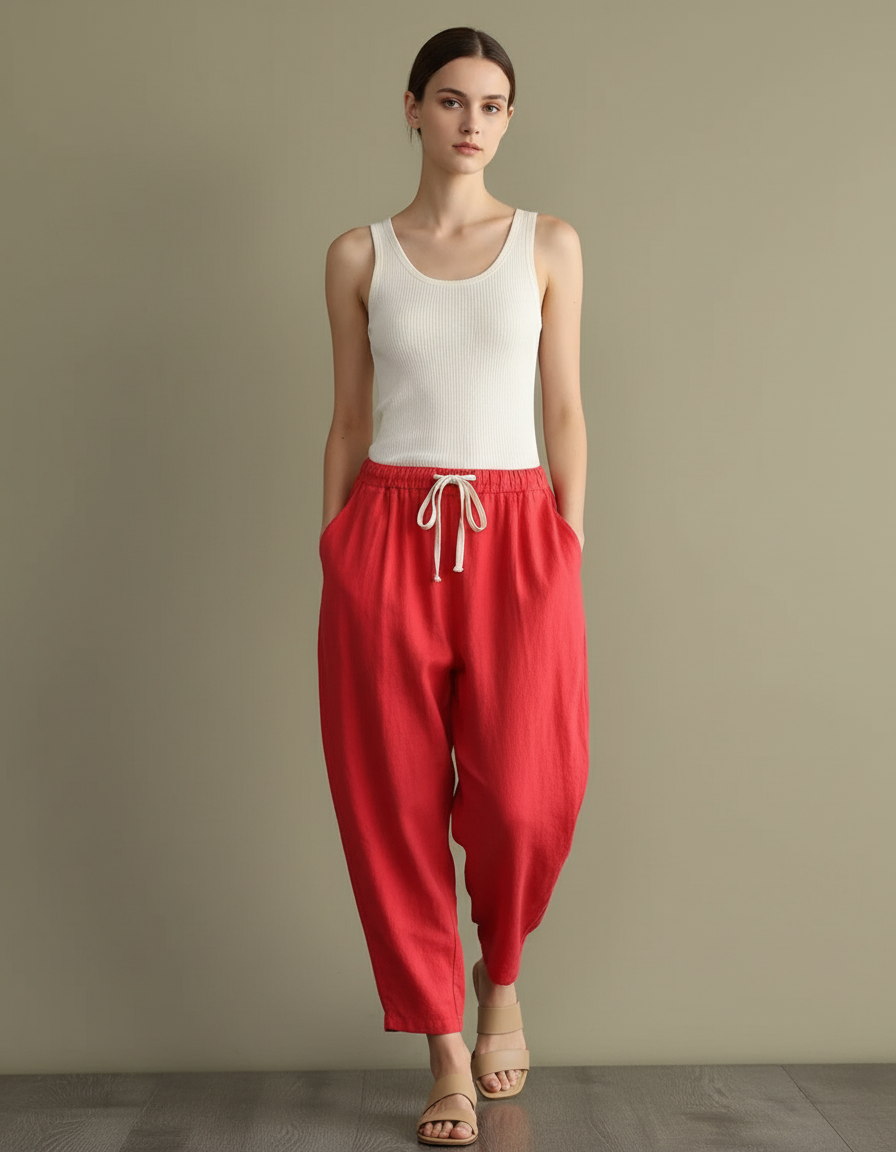 Pantalon Baggy Rouge Lin Ample Décontracté Cordon