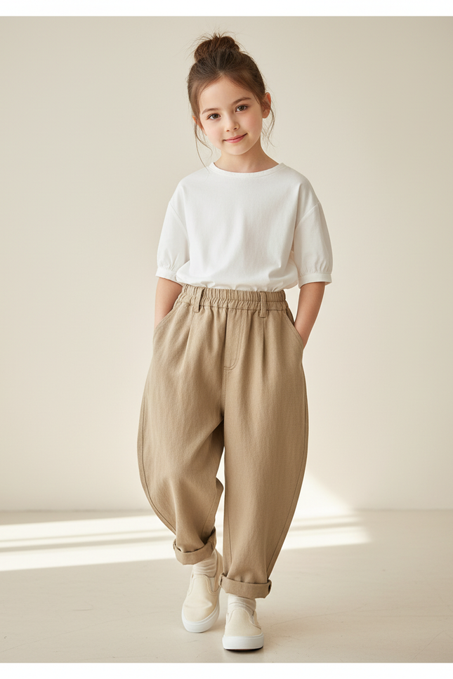 Pantalon Baggy Enfant Ample Décontracté Beige Coton