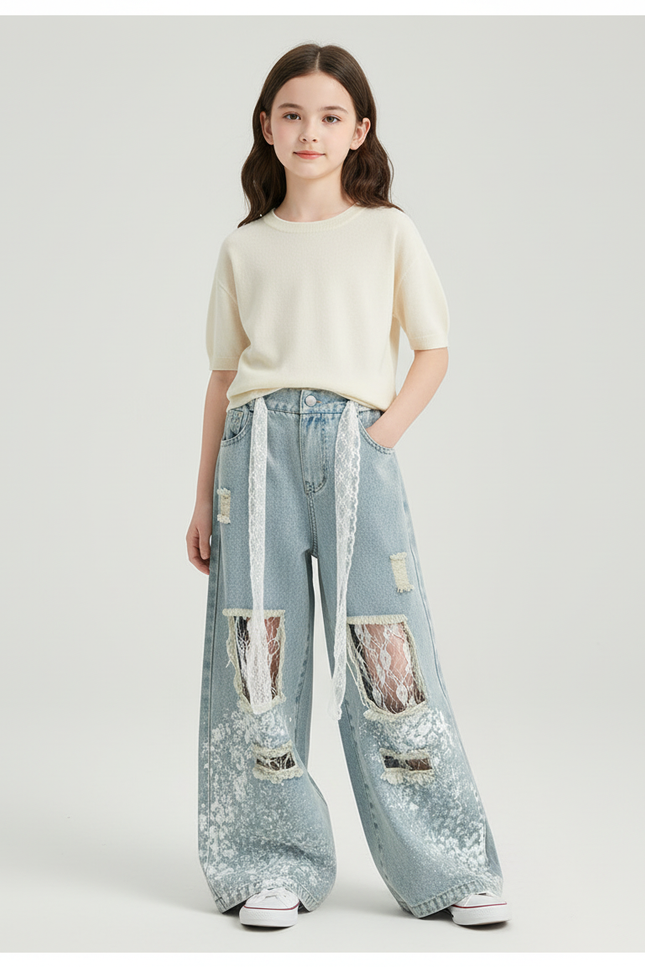 Pantalon Baggy Bleu Délavé Dentelle Trous Ample Enfant - Jean