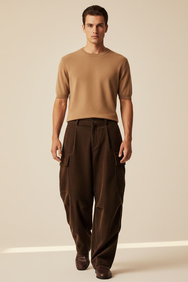Pantalon Baggy Marron Côtelé Cargo Ample Homme - Cordé