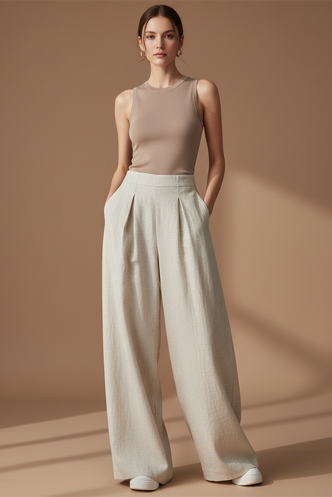 Pantalon Baggy Beige Lin Ample Droit Élégant
