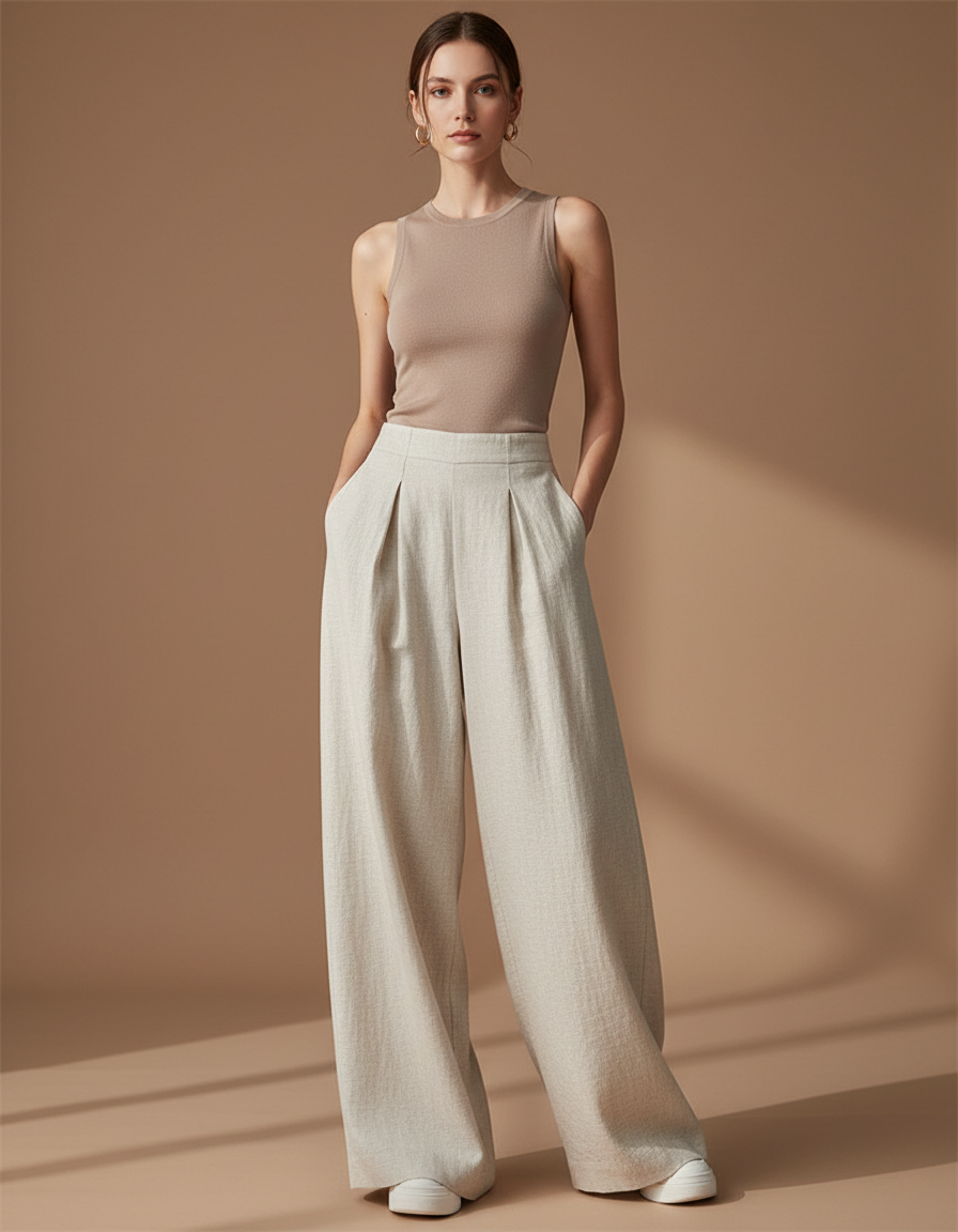 Pantalon Baggy Beige Lin Ample Droit Élégant