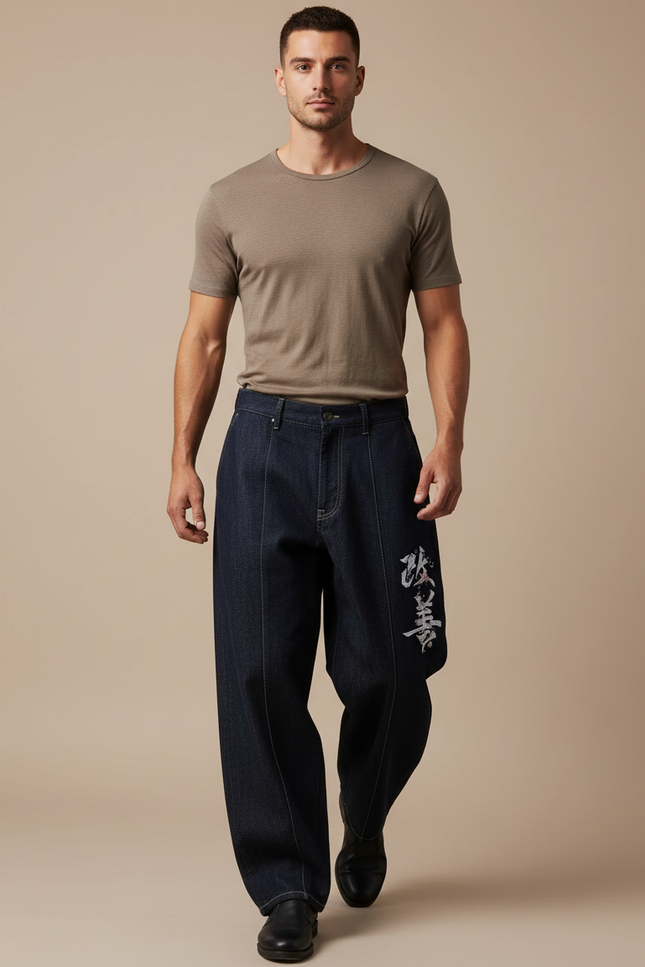 Pantalon Baggy Denim Bleu Brodé Ample Homme - Marine Jean