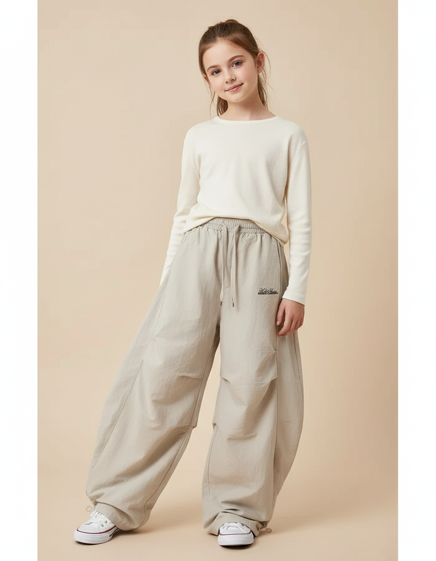 Pantalon Baggy Beige Ample Coton Décontracté Enfant