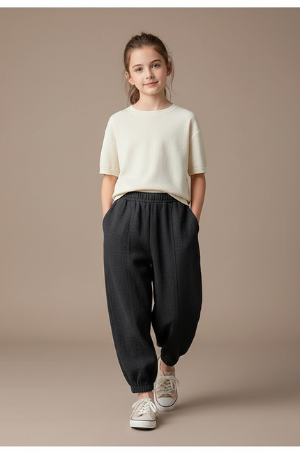 Pantalon Baggy Noir Texturé Ample Confortable Fille - Maille
