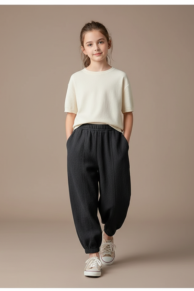 Pantalon Baggy Noir Texturé Ample Confortable Fille - Maille