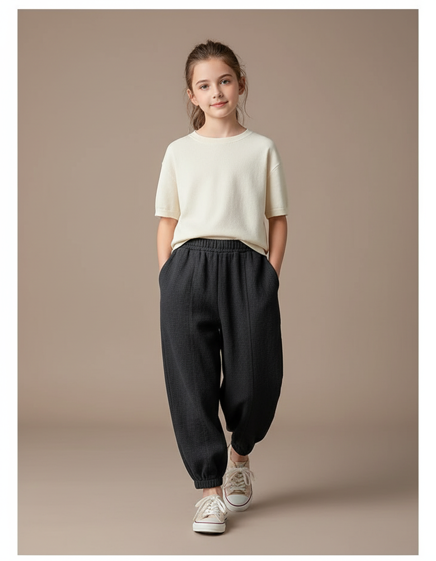 Pantalon Baggy Noir Texturé Ample Confortable Fille - Maille