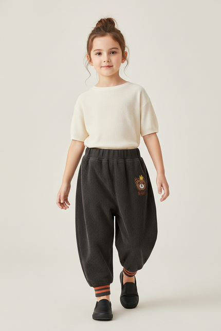Pantalon Baggy Velours Côtelé Ours Enfant Hiver - Gris