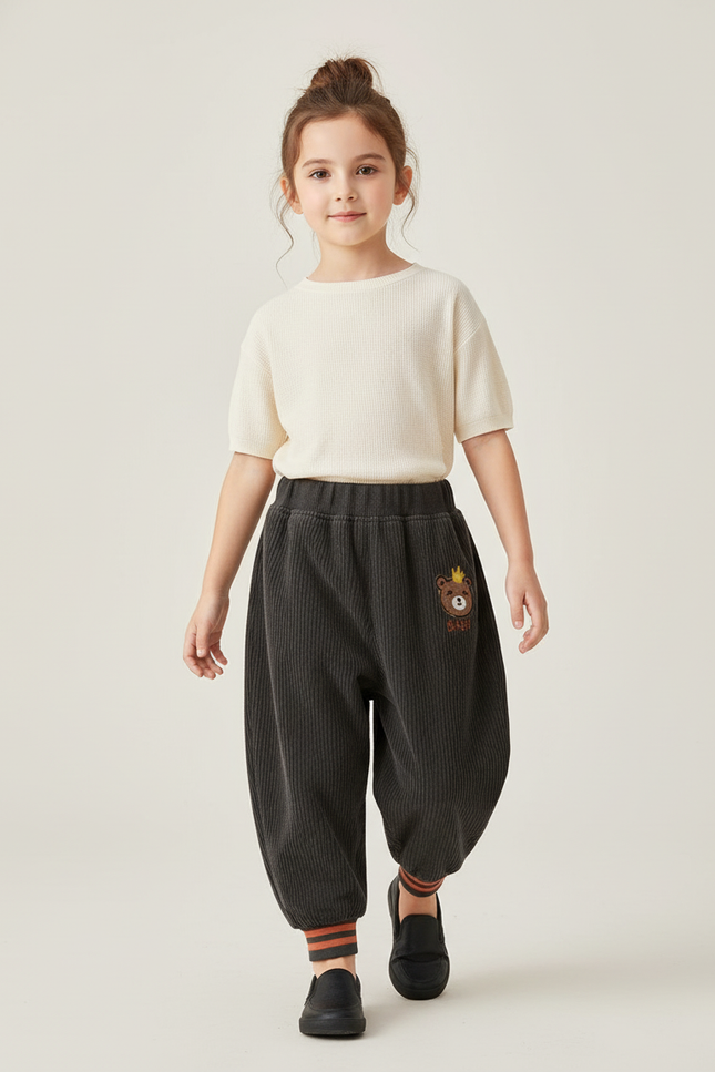 Pantalon Baggy Velours Côtelé Ours Enfant Hiver - Gris