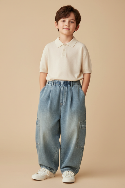 Pantalon Baggy Denim Ample Plissé Cargo Garçon - Bleu Jean
