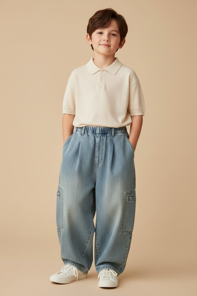 Pantalon Baggy Denim Ample Plissé Cargo Garçon - Bleu Jean