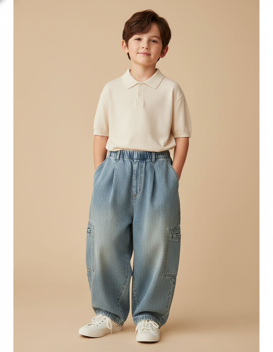 Pantalon Baggy Denim Ample Plissé Cargo Garçon - Bleu Jean