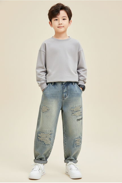 Pantalon Baggy Jean Bleu Délavé Déchiré Ample Enfant