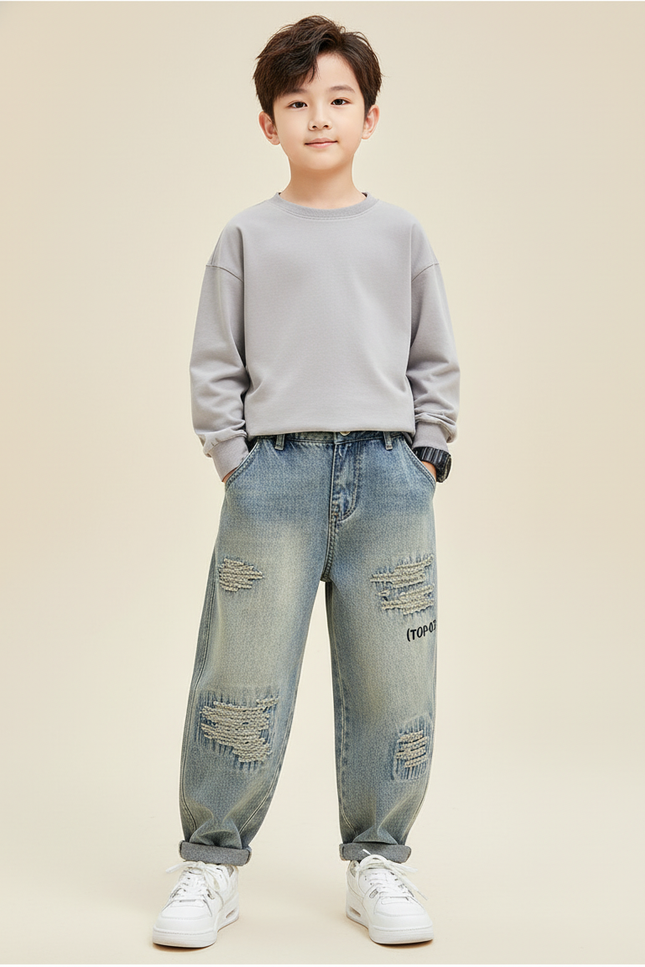 Pantalon Baggy Jean Bleu Délavé Déchiré Ample Enfant