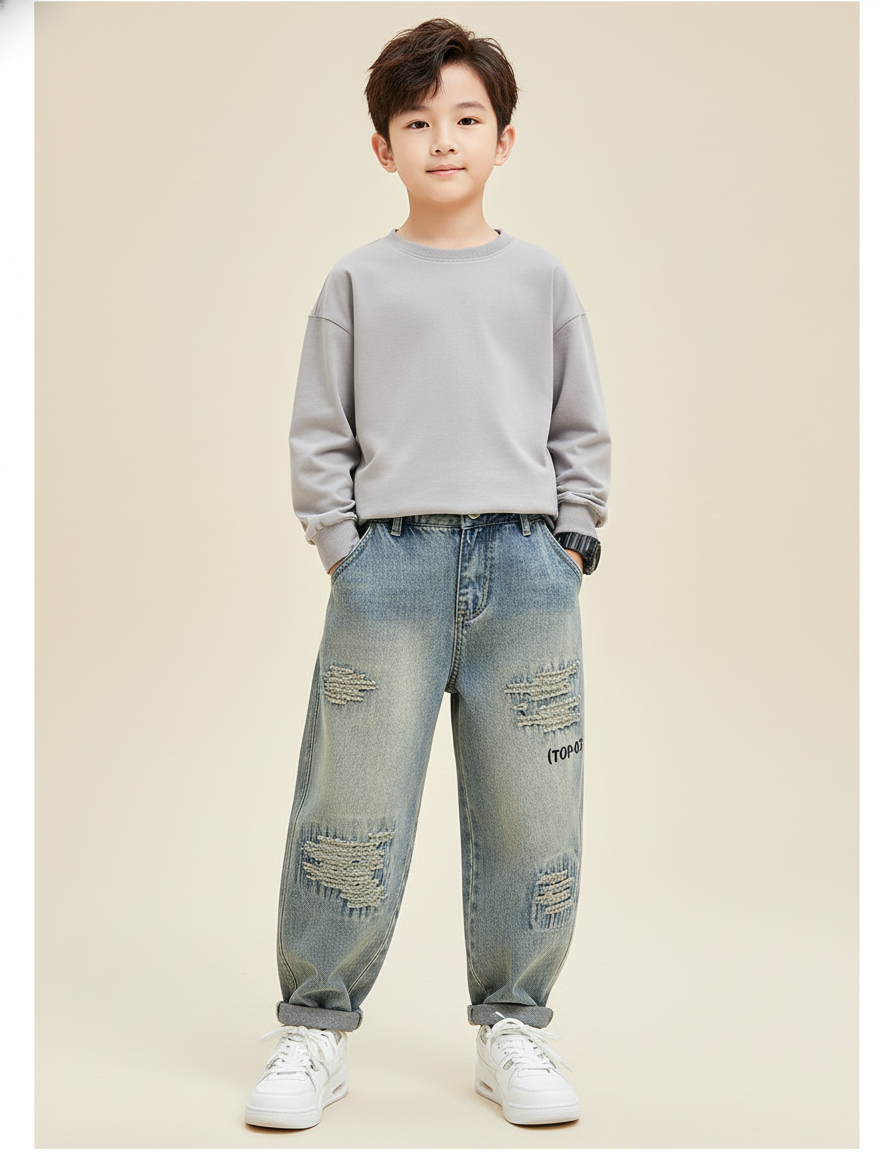 Pantalon Baggy Jean Bleu Délavé Déchiré Ample Enfant