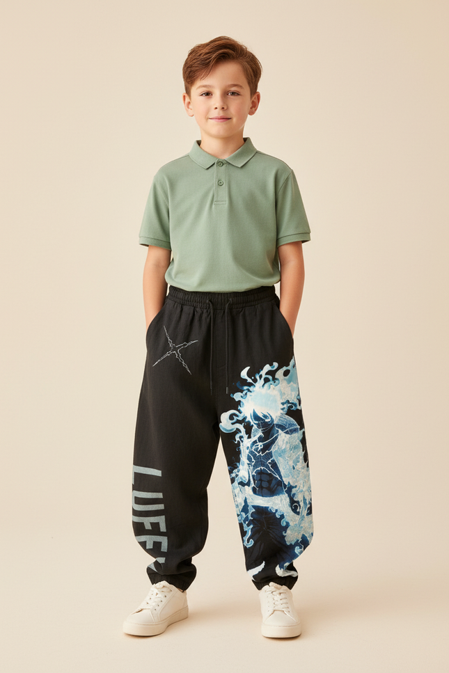 Pantalon Baggy Noir Ample Imprimé Anime Garçon - Molleton
