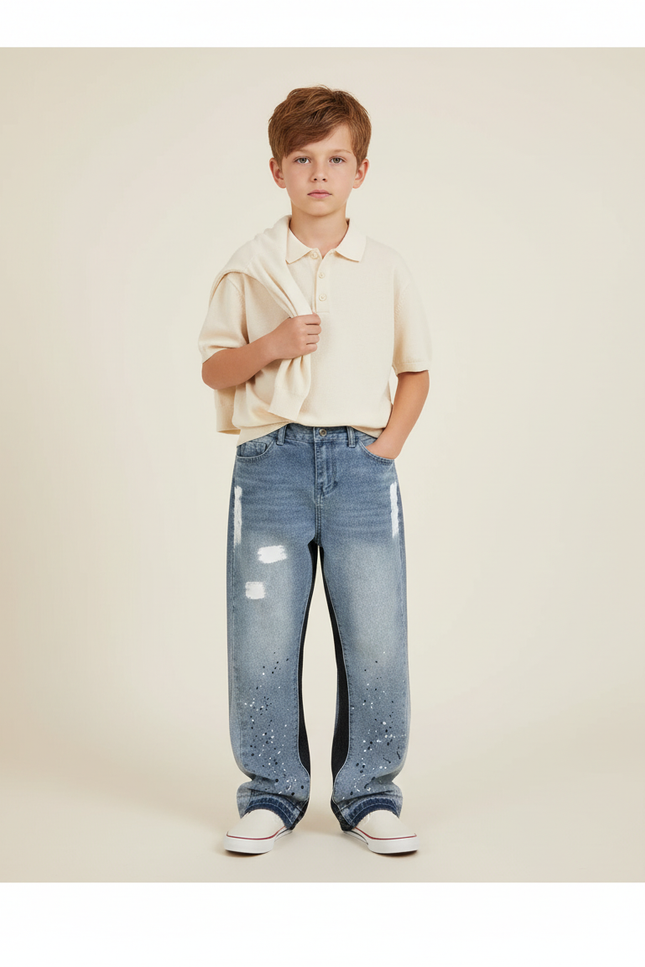 Pantalon Baggy Jean Bleu Déchiré Éclaboussures Ample