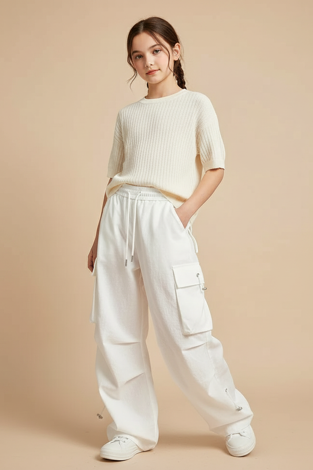 Pantalon Baggy Blanc Cargo Ample Streetwear Cordon - Molleton