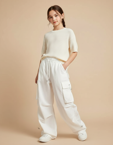 Pantalon Baggy Blanc Cargo Ample Streetwear Cordon - Molleton