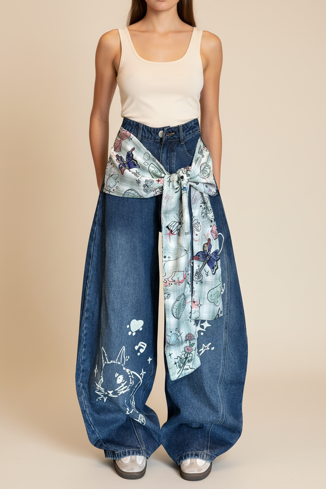 Pantalon Baggy Denim Large Brodé Papillons Chat - Bleu Jean