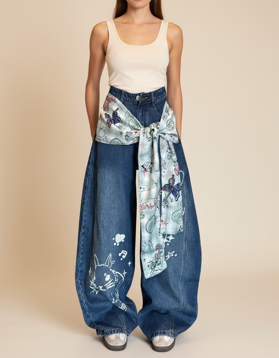 Pantalon Baggy Denim Large Brodé Papillons Chat - Bleu Jean