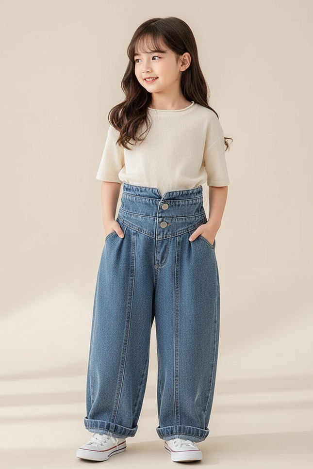Pantalon Baggy Jean Bleu Taille Haute Ample Fille