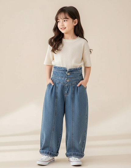 Pantalon Baggy Jean Bleu Taille Haute Ample Fille