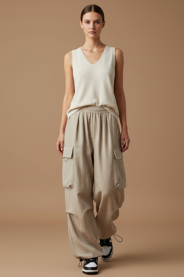 Pantalon Baggy Beige Cargo Ample Cordon Décontracté - Lin