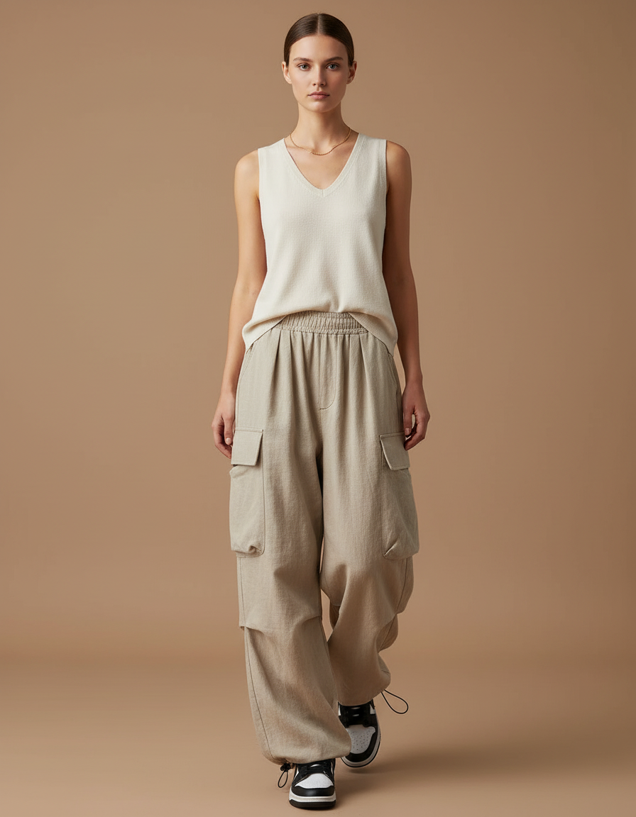 Pantalon Baggy Beige Cargo Ample Cordon Décontracté - Lin