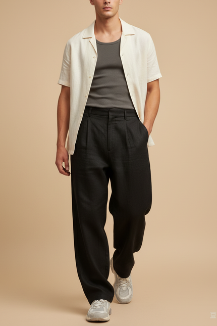 Pantalon Baggy Noir Plissé Ample Décontracté Homme - Lin