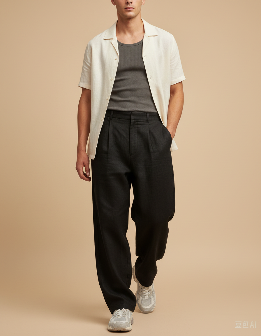 Pantalon Baggy Noir Plissé Ample Décontracté Homme - Lin