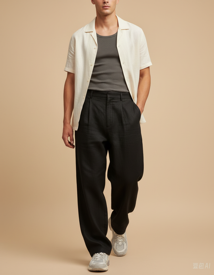 Pantalon Baggy Noir Plissé Ample Décontracté Homme - Lin